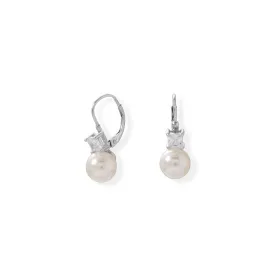 Simulated Pearl and Square CZ Lever Earrings