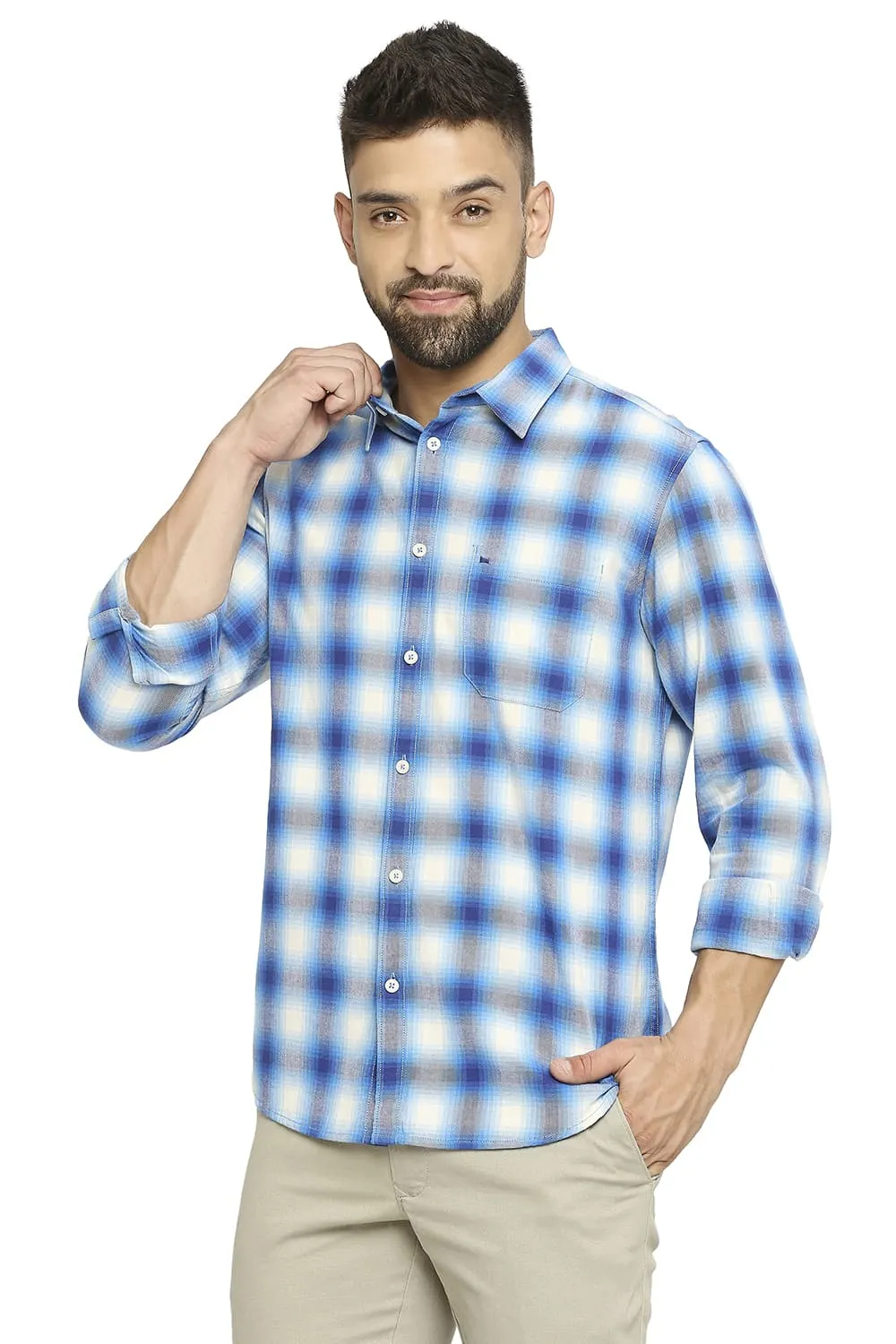 Slim Fit Cotton Brushed Twill Checks Shirt
