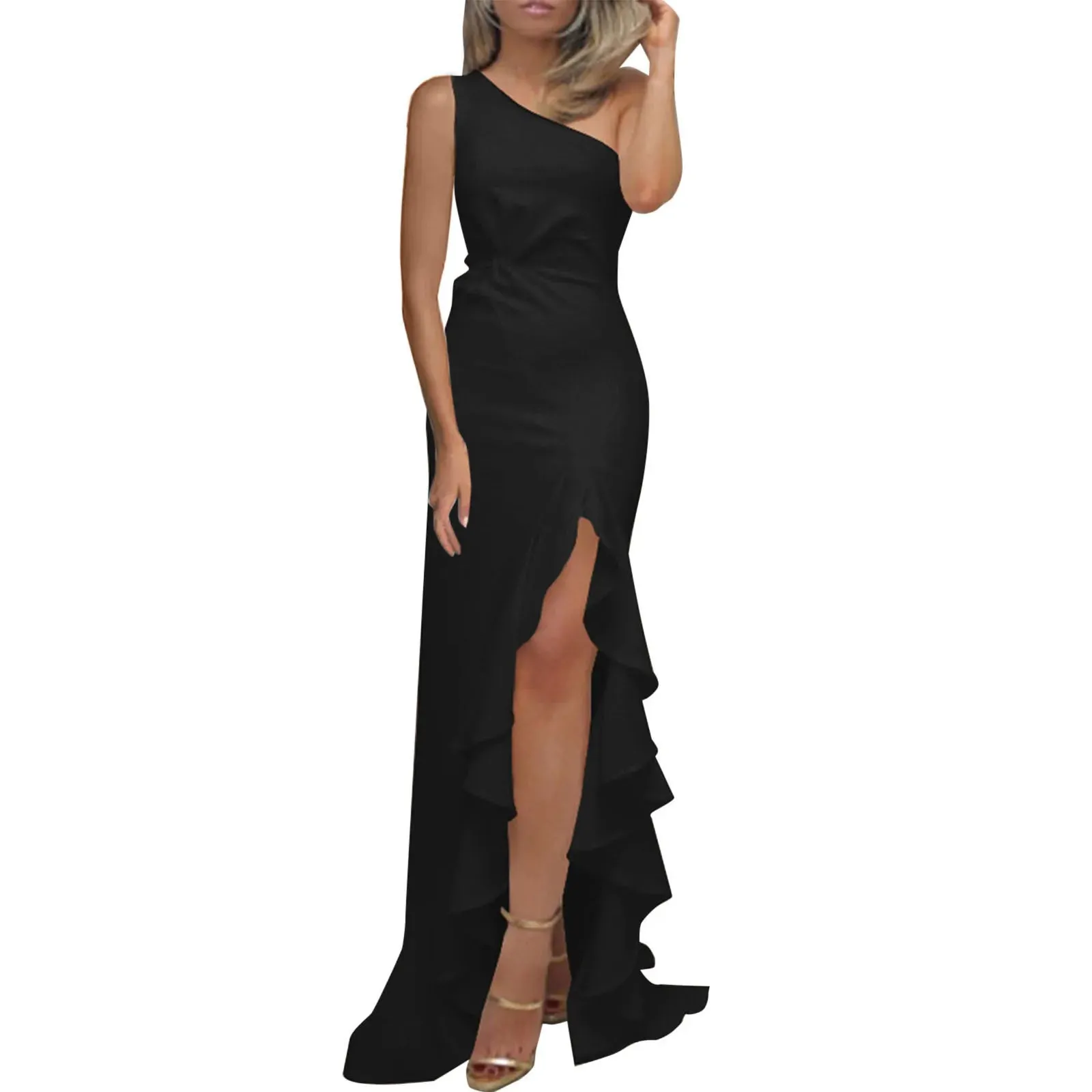 Slim Shoulder Evening Ruffle Sexy Solid Colour Split Cocktail One Summer Elegant Dress