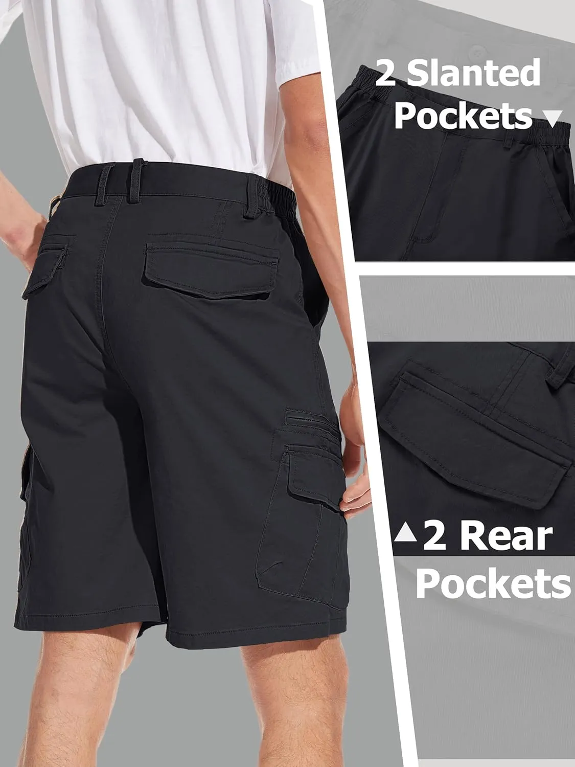 TACVASEN Men's Cargo Short 7 Pockets Comfortable Cotton Elastic Waist Causal Work Shorts