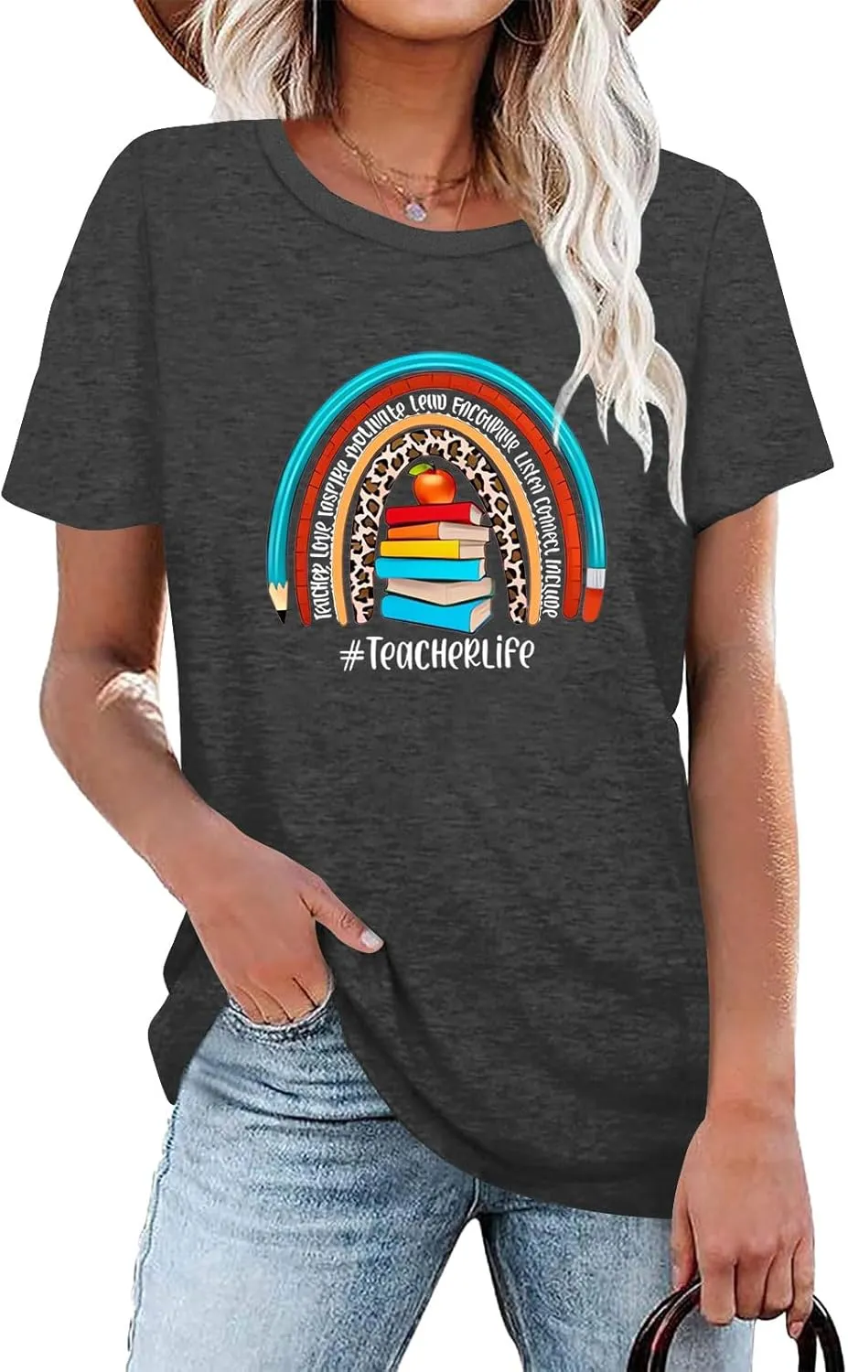 Teach T Shirt Women Teacher Love Inspire Shirts Funny Letter Short Sleeve Graphic Tees Teacher Gift Tops