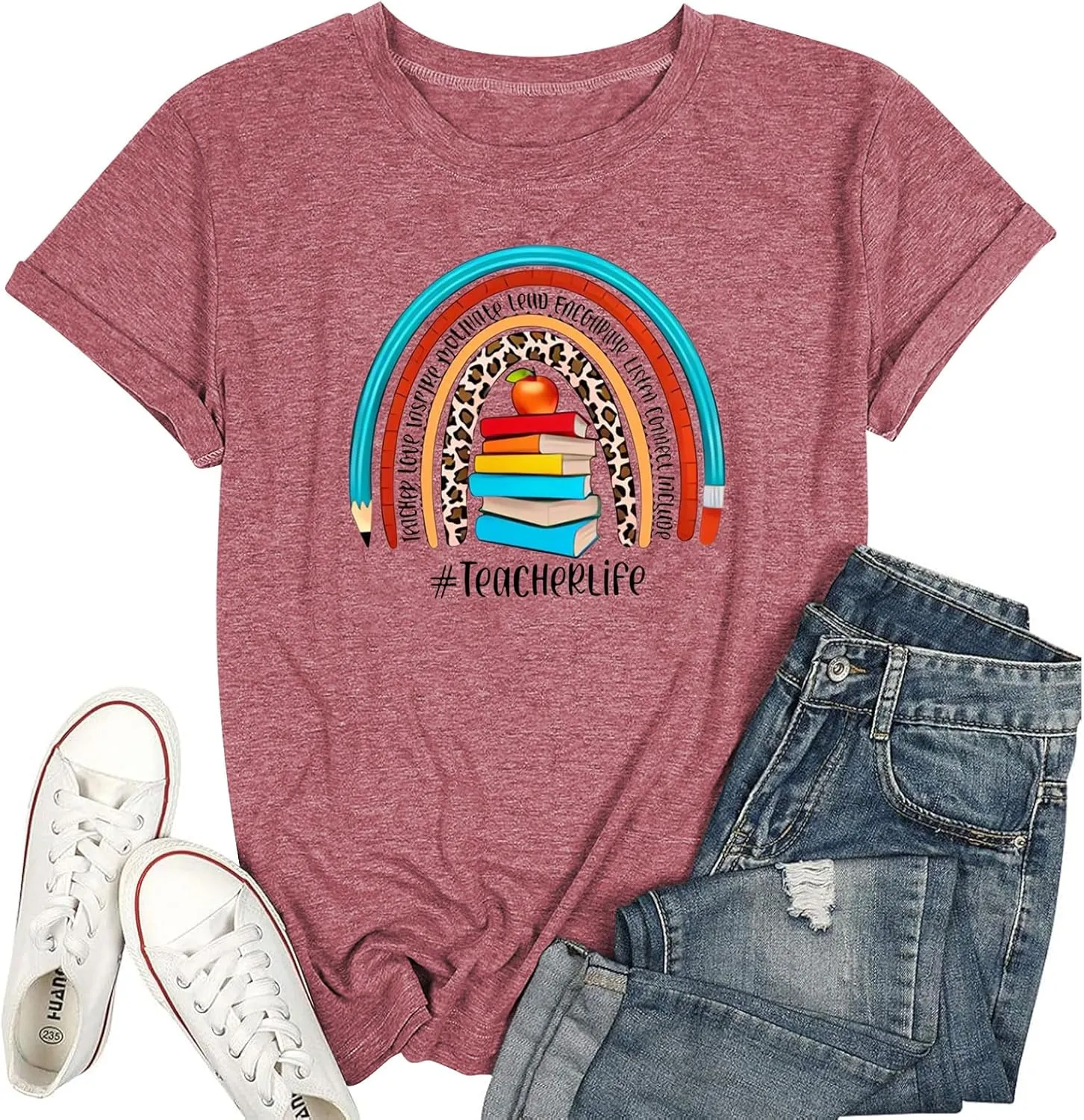 Teach T Shirt Women Teacher Love Inspire Shirts Funny Letter Short Sleeve Graphic Tees Teacher Gift Tops