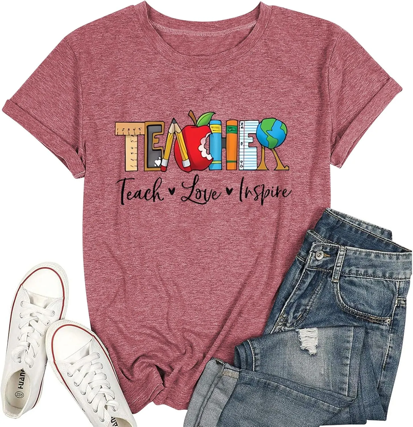 Teach T Shirt Women Teacher Love Inspire Shirts Funny Letter Short Sleeve Graphic Tees Teacher Gift Tops