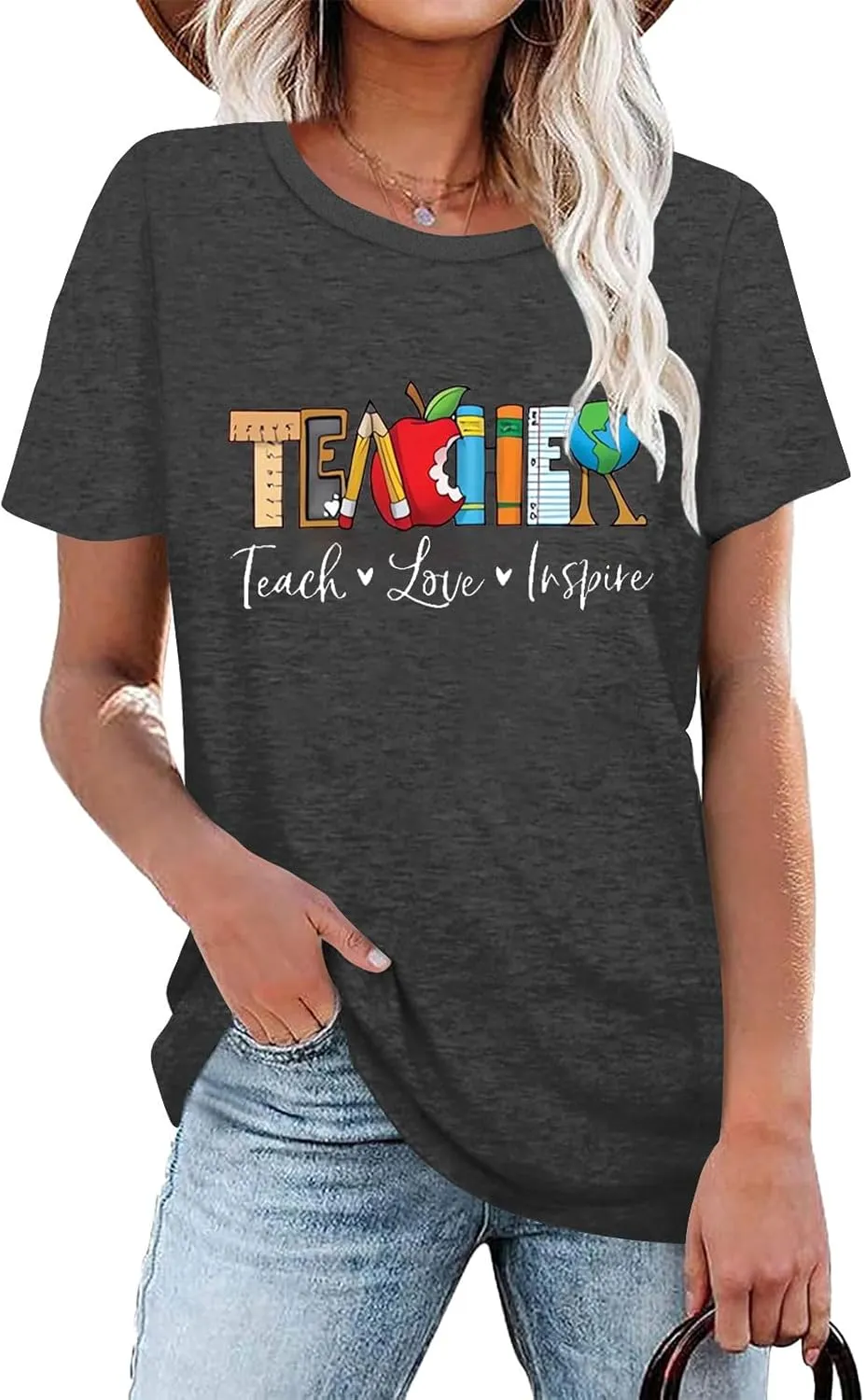 Teach T Shirt Women Teacher Love Inspire Shirts Funny Letter Short Sleeve Graphic Tees Teacher Gift Tops