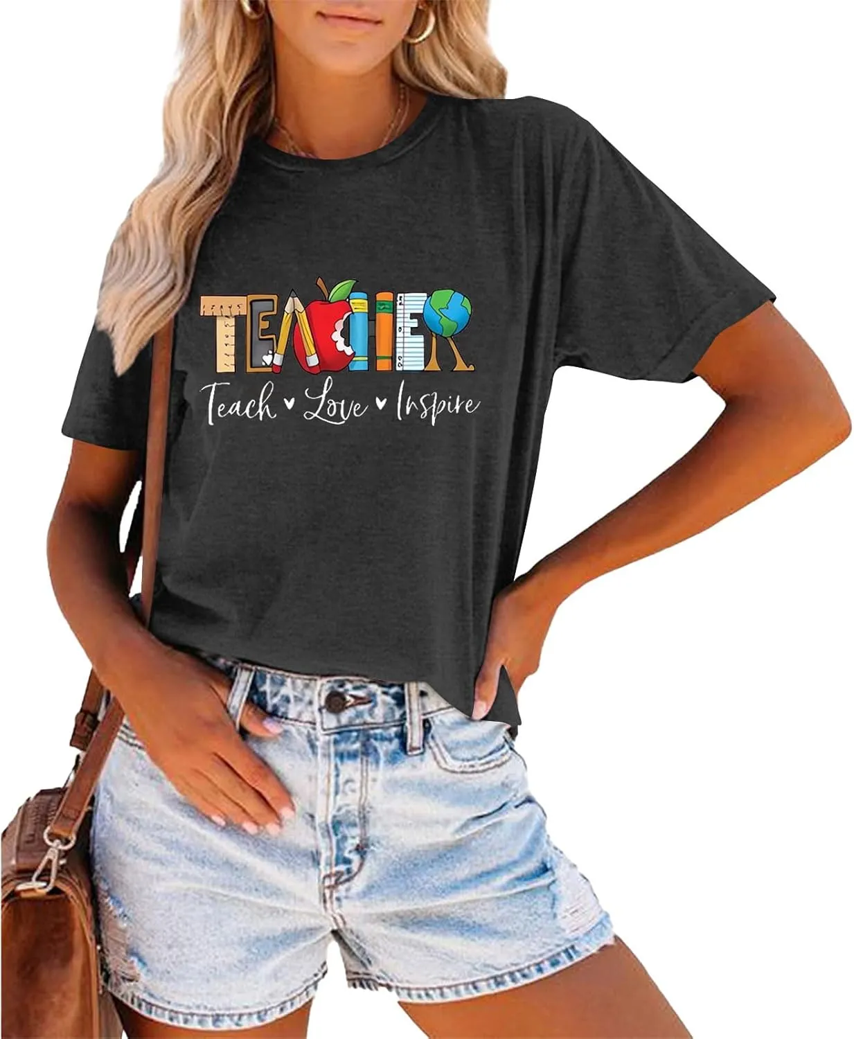 Teach T Shirt Women Teacher Love Inspire Shirts Funny Letter Short Sleeve Graphic Tees Teacher Gift Tops