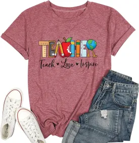Teach T Shirt Women Teacher Love Inspire Shirts Funny Letter Short Sleeve Graphic Tees Teacher Gift Tops