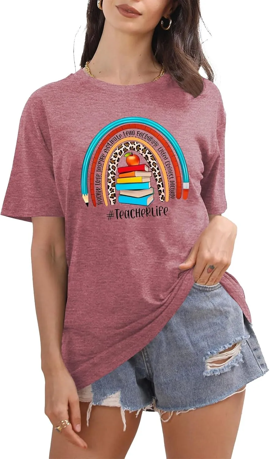 Teach T Shirt Women Teacher Love Inspire Shirts Funny Letter Short Sleeve Graphic Tees Teacher Gift Tops
