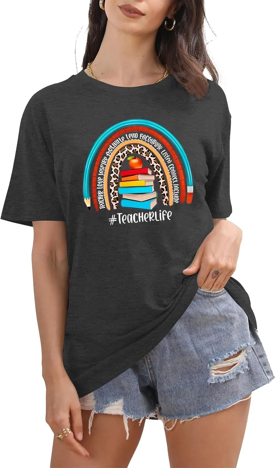 Teach T Shirt Women Teacher Love Inspire Shirts Funny Letter Short Sleeve Graphic Tees Teacher Gift Tops