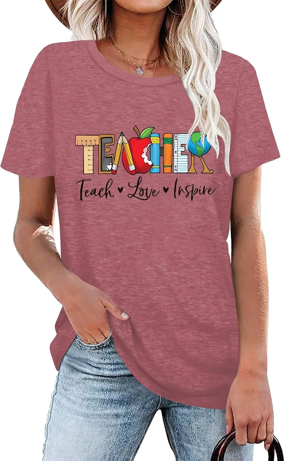 Teach T Shirt Women Teacher Love Inspire Shirts Funny Letter Short Sleeve Graphic Tees Teacher Gift Tops