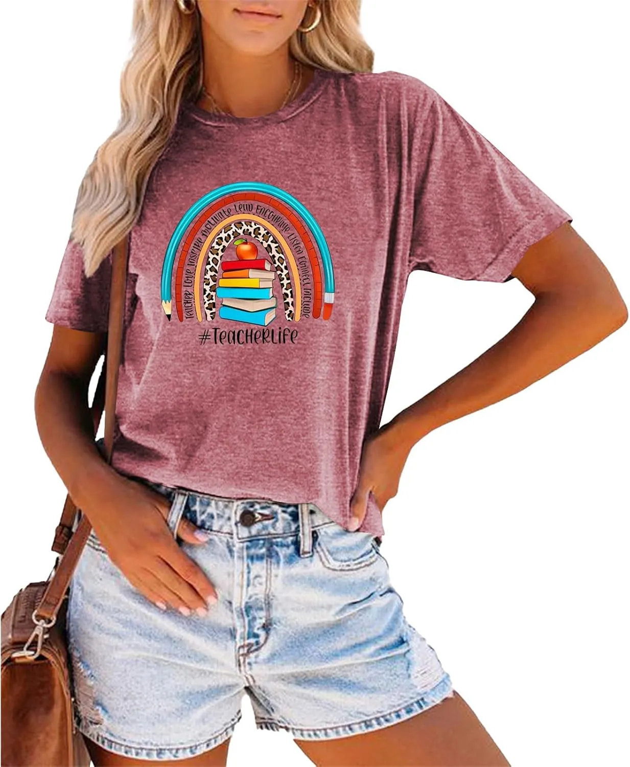Teach T Shirt Women Teacher Love Inspire Shirts Funny Letter Short Sleeve Graphic Tees Teacher Gift Tops