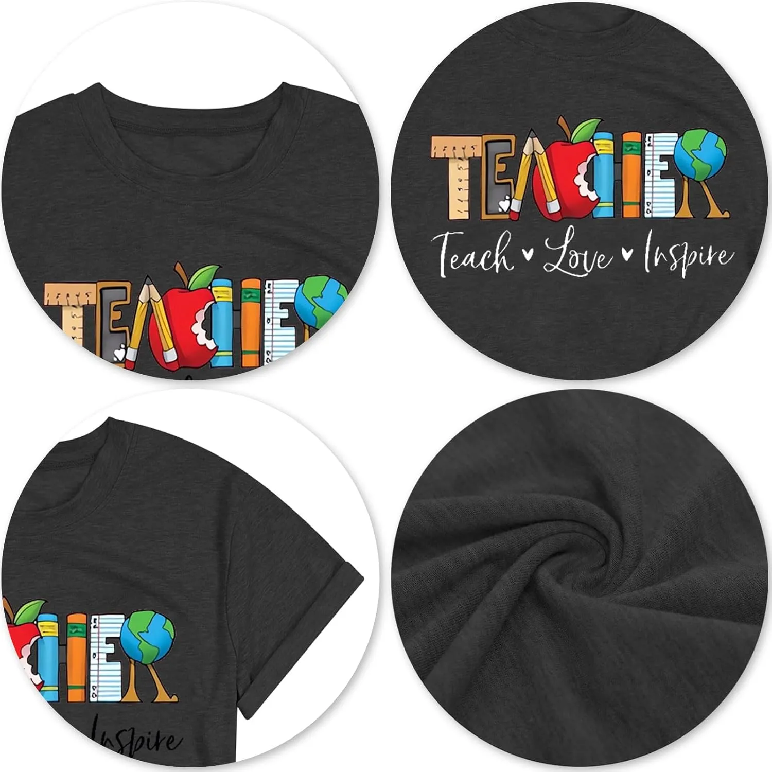 Teach T Shirt Women Teacher Love Inspire Shirts Funny Letter Short Sleeve Graphic Tees Teacher Gift Tops