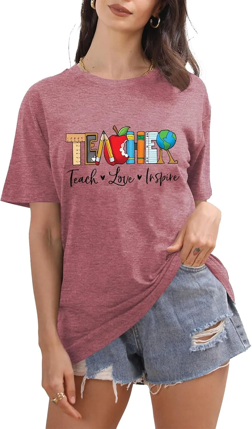 Teach T Shirt Women Teacher Love Inspire Shirts Funny Letter Short Sleeve Graphic Tees Teacher Gift Tops