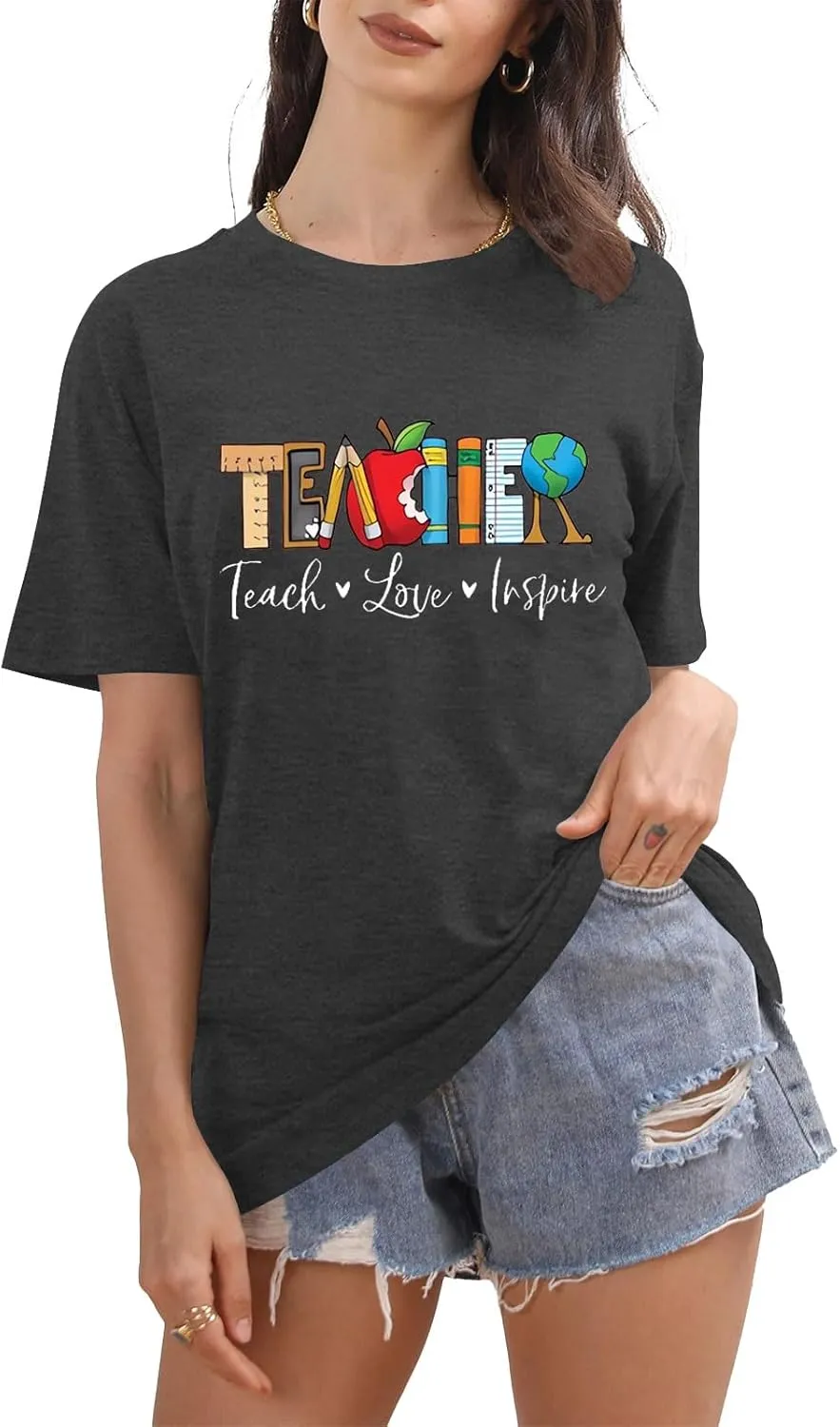 Teach T Shirt Women Teacher Love Inspire Shirts Funny Letter Short Sleeve Graphic Tees Teacher Gift Tops