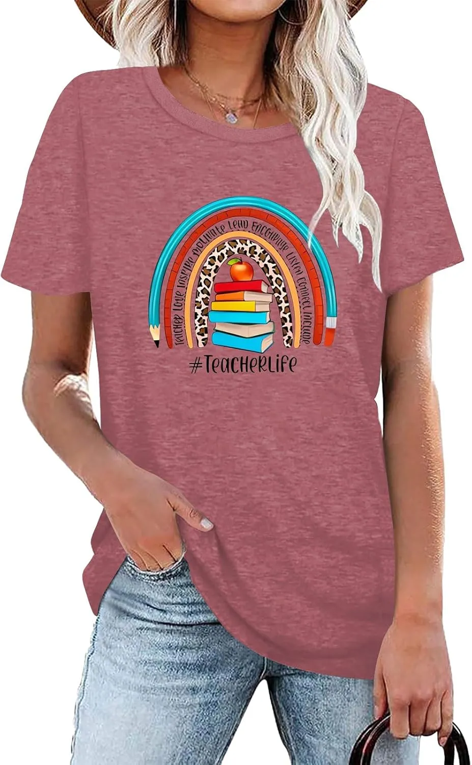 Teach T Shirt Women Teacher Love Inspire Shirts Funny Letter Short Sleeve Graphic Tees Teacher Gift Tops