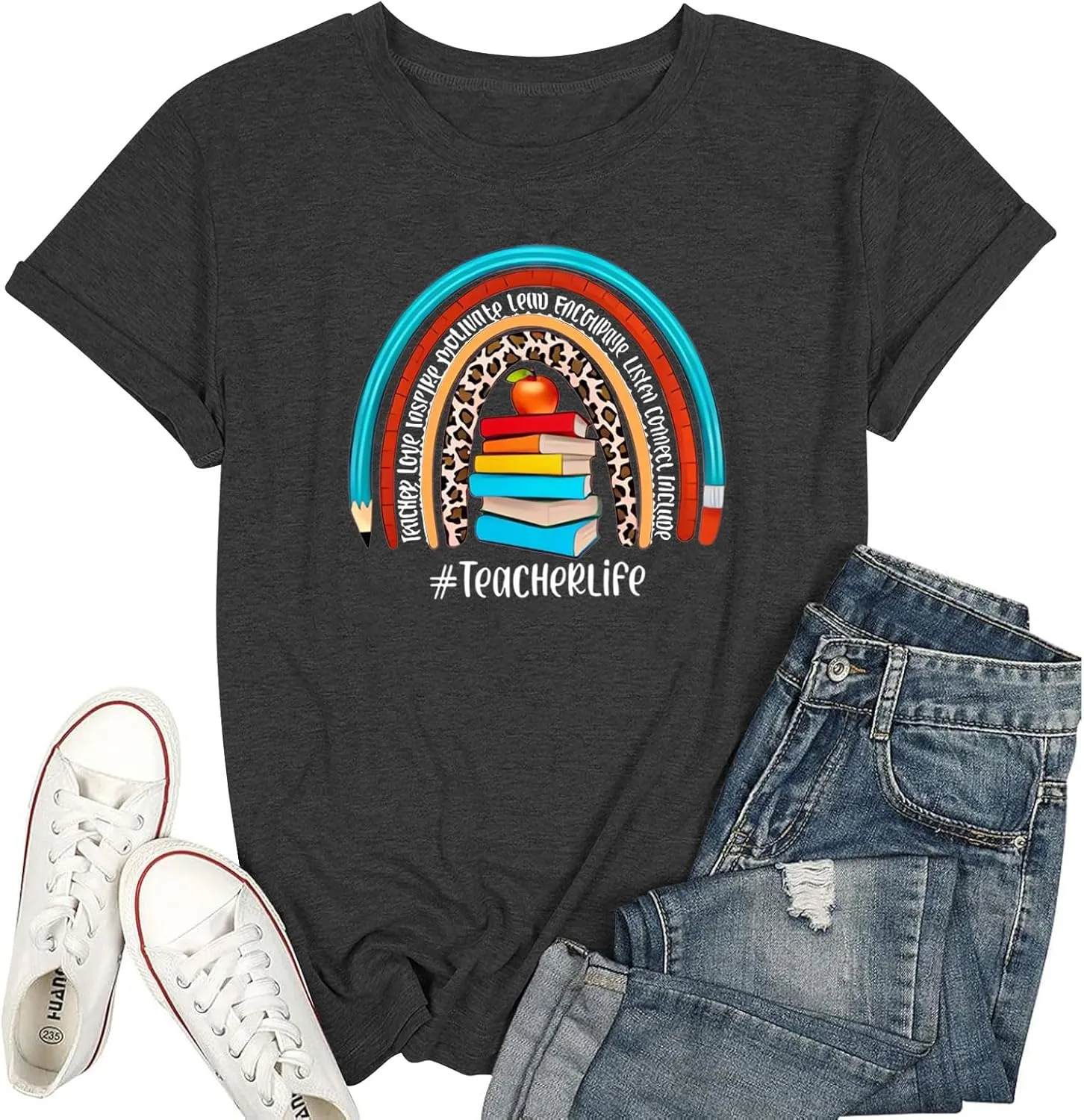Teach T Shirt Women Teacher Love Inspire Shirts Funny Letter Short Sleeve Graphic Tees Teacher Gift Tops