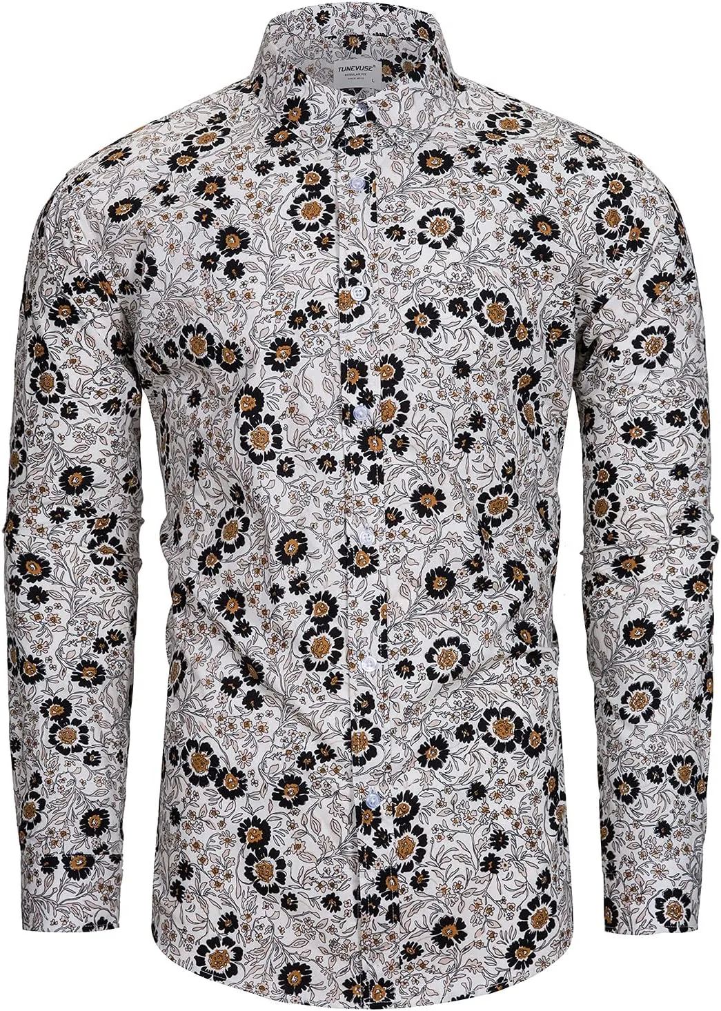 TUNEVUSE Mens Long Sleeve Floral Dress Shirt Flowered Pattern Print Button Down Shirts Cotton