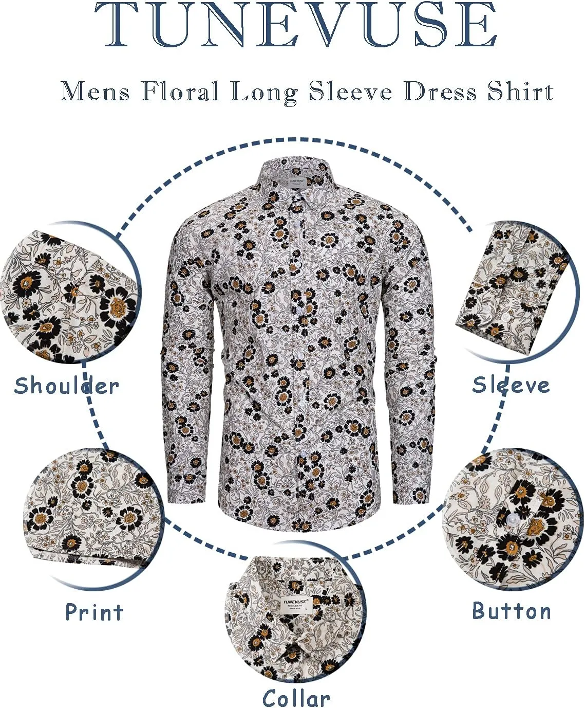 TUNEVUSE Mens Long Sleeve Floral Dress Shirt Flowered Pattern Print Button Down Shirts Cotton