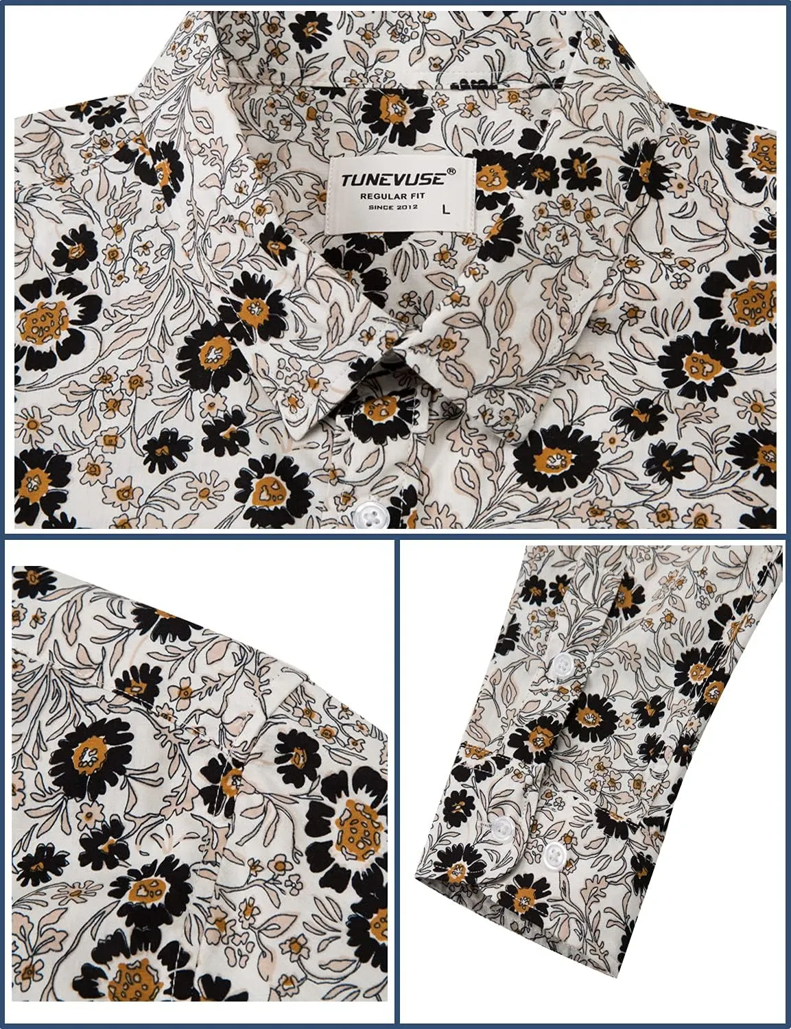 TUNEVUSE Mens Long Sleeve Floral Dress Shirt Flowered Pattern Print Button Down Shirts Cotton