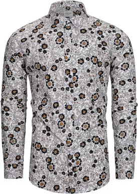 TUNEVUSE Mens Long Sleeve Floral Dress Shirt Flowered Pattern Print Button Down Shirts Cotton