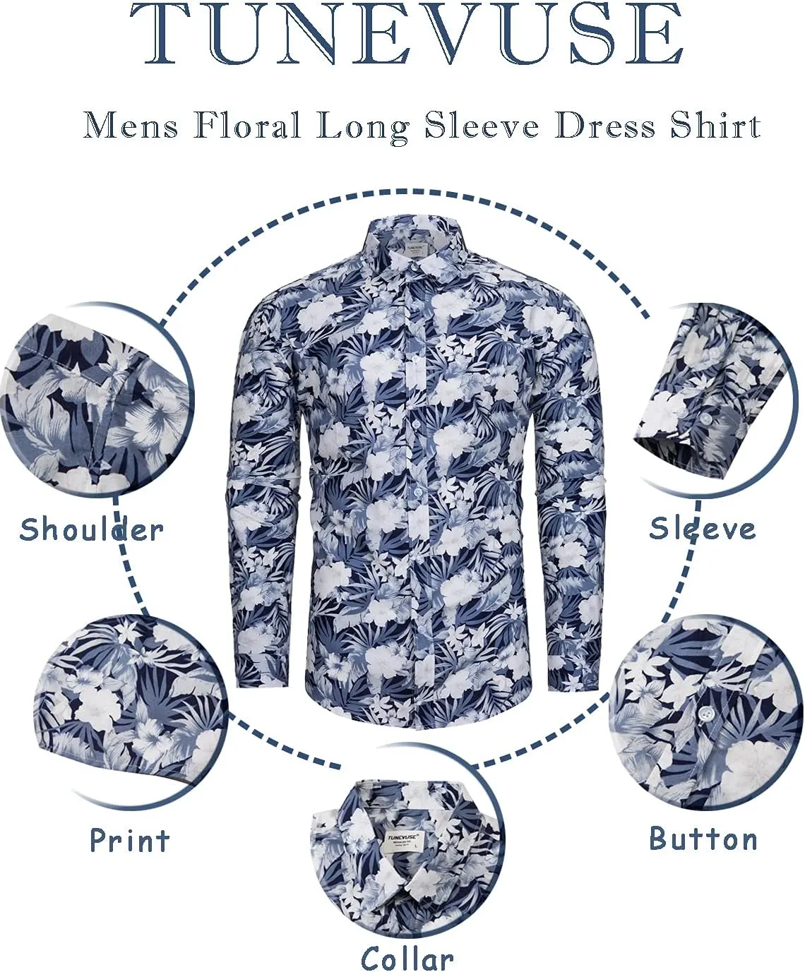 TUNEVUSE Mens Long Sleeve Floral Dress Shirt Flowered Pattern Print Button Down Shirts Cotton