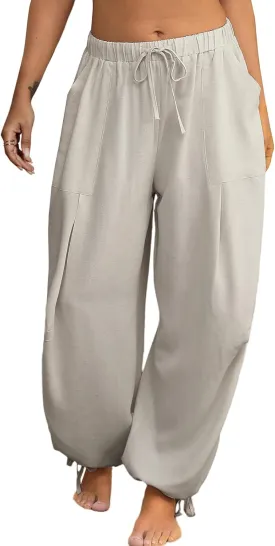 Women Linen Harem Pants Summer Drawstring Casual Lounge Baggy Pant Beach Travel Vacation Trousers with Pockets