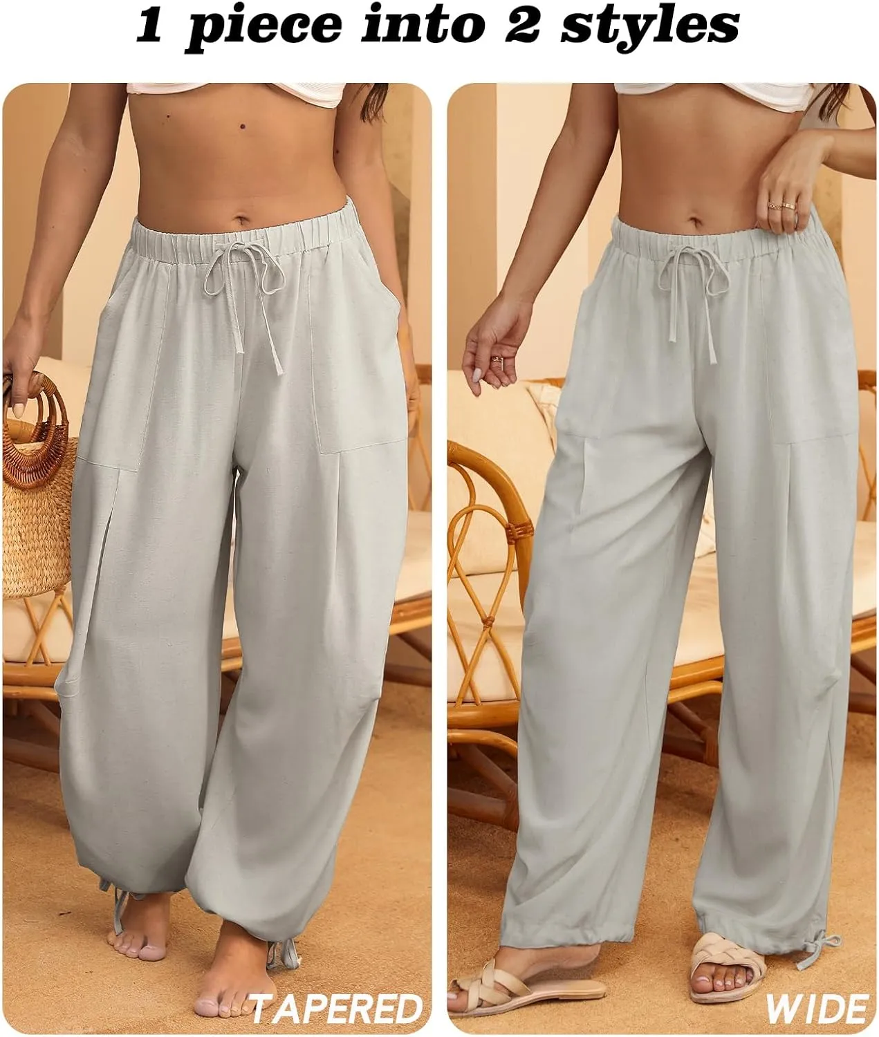 Women Linen Harem Pants Summer Drawstring Casual Lounge Baggy Pant Beach Travel Vacation Trousers with Pockets