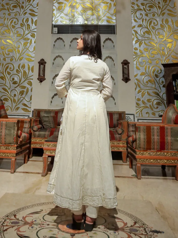 Women Off White Cotton Anarkali Kurta Pant Set