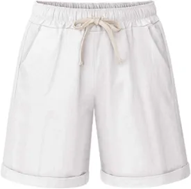 Women's Casual Elastic Waist Comfy Curling Knee Length Bermuda Shorts with Drawstring