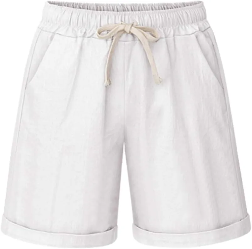 Women's Casual Elastic Waist Comfy Curling Knee Length Bermuda Shorts with Drawstring
