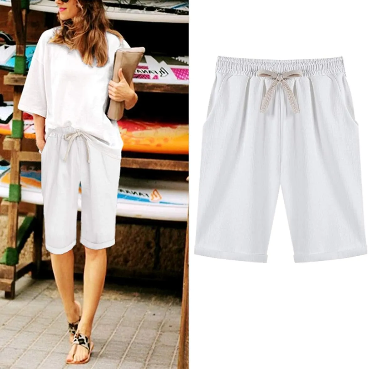 Women's Casual Elastic Waist Comfy Curling Knee Length Bermuda Shorts with Drawstring