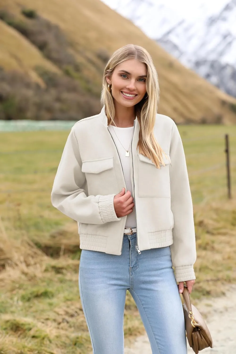 Zeagoo Womens Cropped Jacket Stand Collar Long Sleeve Zip Up Shackets Bomber Jacket Coats with Pockets