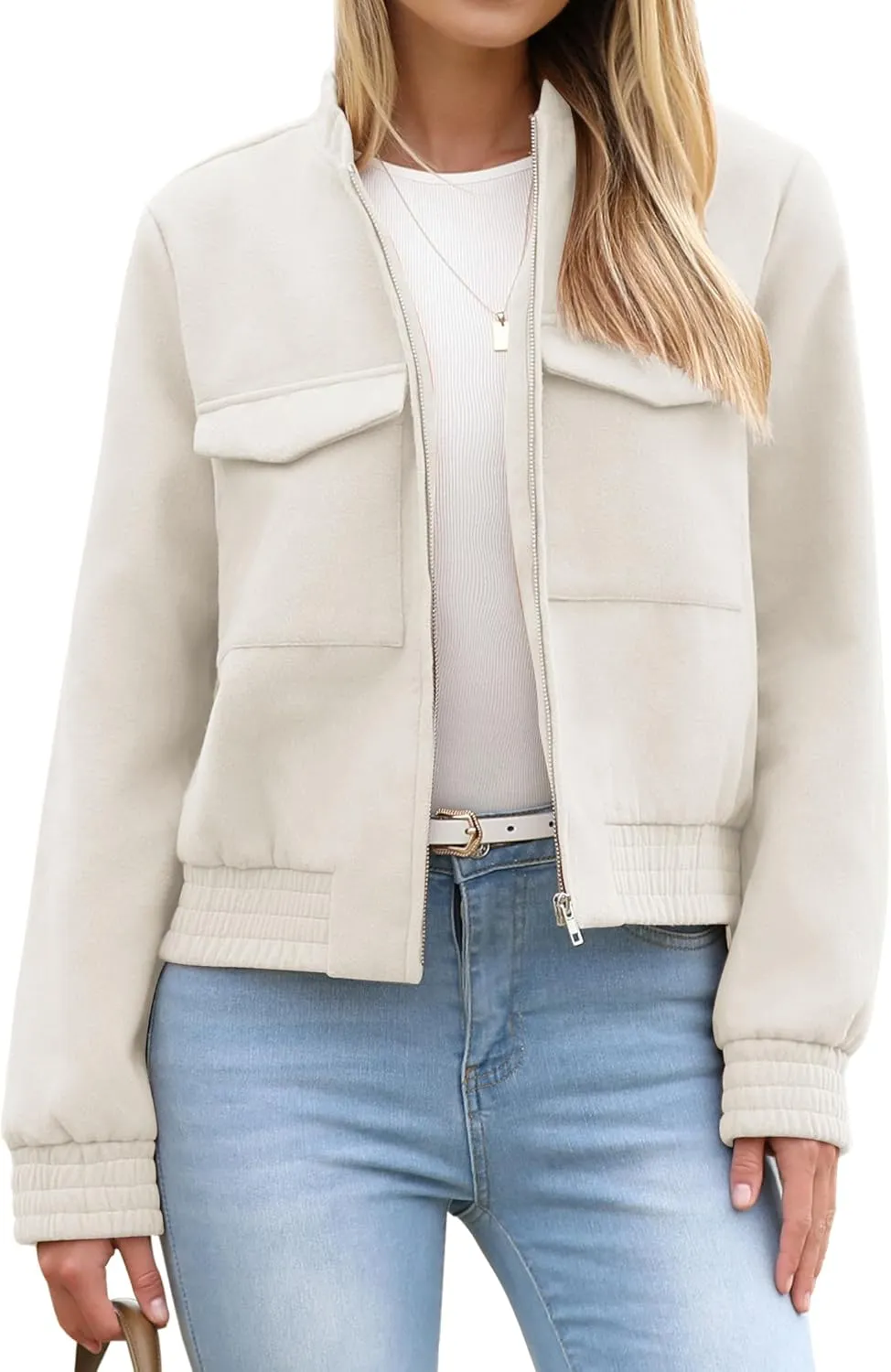 Zeagoo Womens Cropped Jacket Stand Collar Long Sleeve Zip Up Shackets Bomber Jacket Coats with Pockets