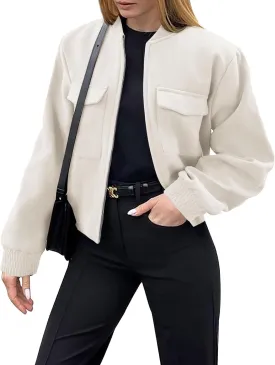 Zeagoo Womens Cropped Jacket Stand Collar Long Sleeve Zip Up Shackets Bomber Jacket Coats with Pockets
