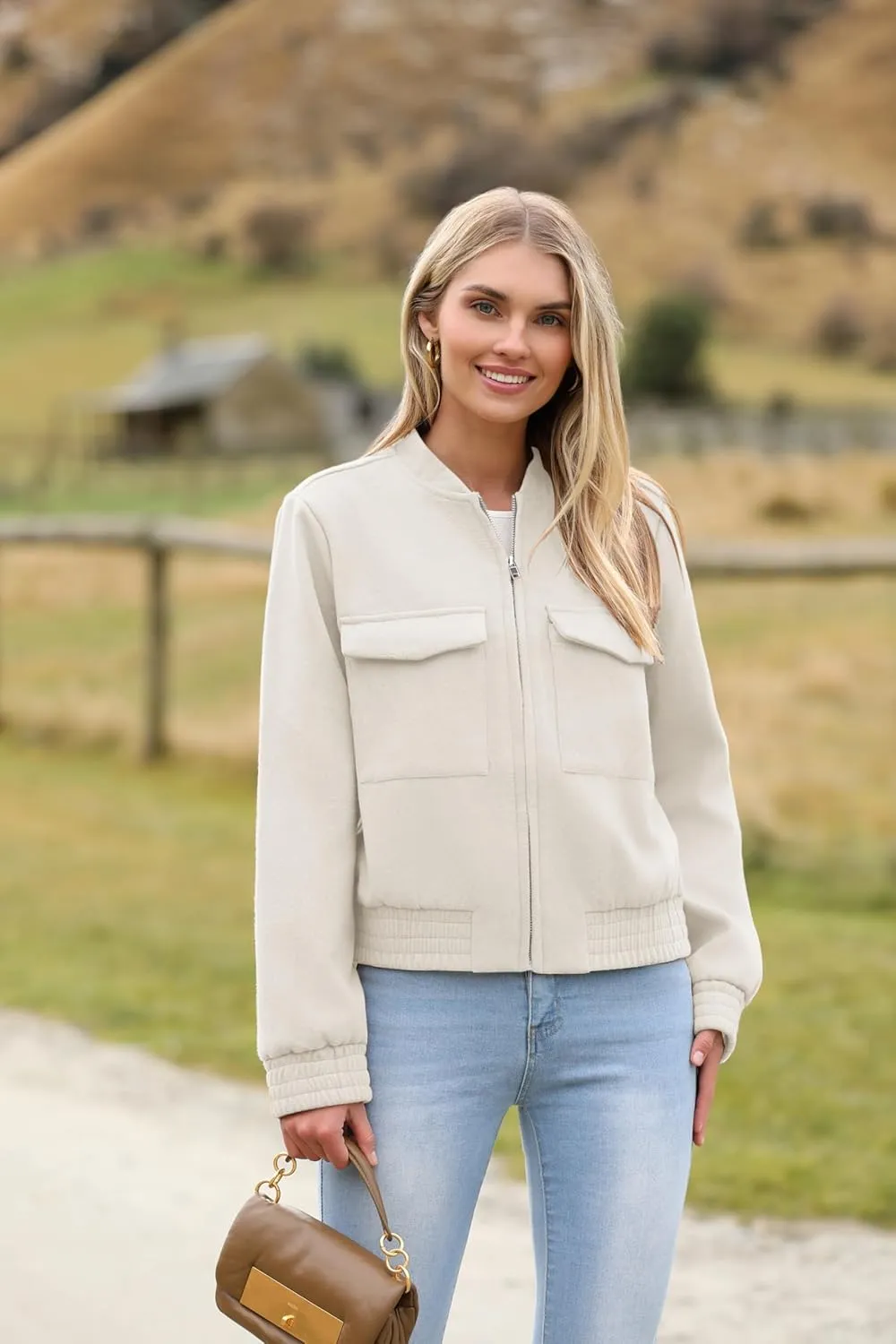 Zeagoo Womens Cropped Jacket Stand Collar Long Sleeve Zip Up Shackets Bomber Jacket Coats with Pockets