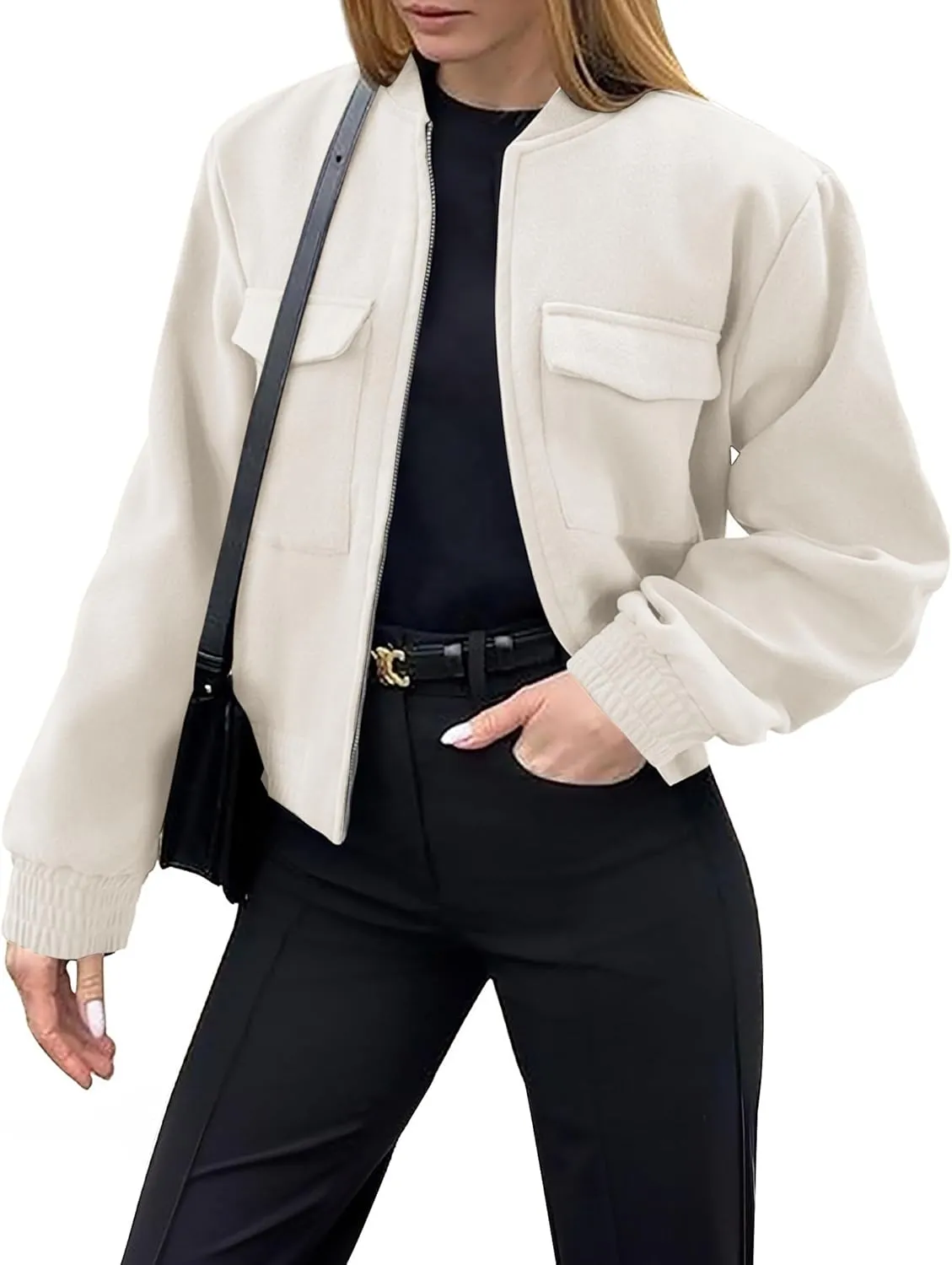 Zeagoo Womens Cropped Jacket Stand Collar Long Sleeve Zip Up Shackets Bomber Jacket Coats with Pockets