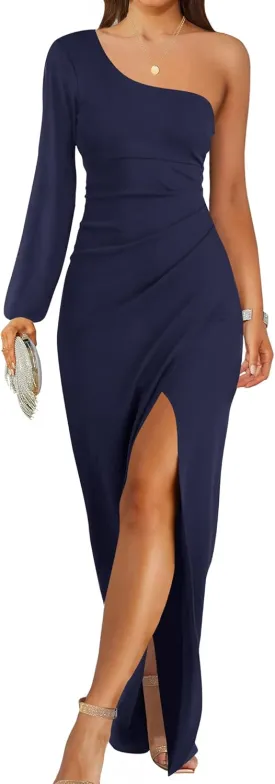 ZESICA Women's One Shoulder Long Sleeve Cocktail Dress Sexy High Slit Ruched Bodycon Wedding Guest Maxi Dresses