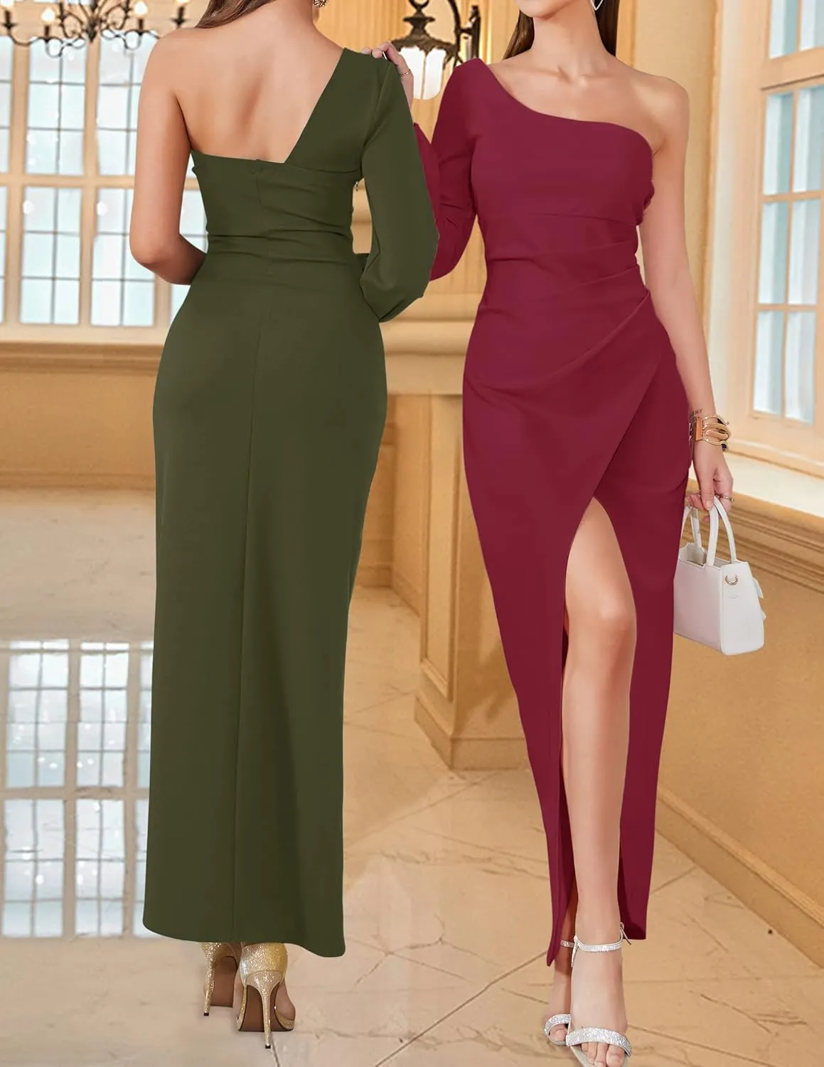 ZESICA Women's One Shoulder Long Sleeve Cocktail Dress Sexy High Slit Ruched Bodycon Wedding Guest Maxi Dresses